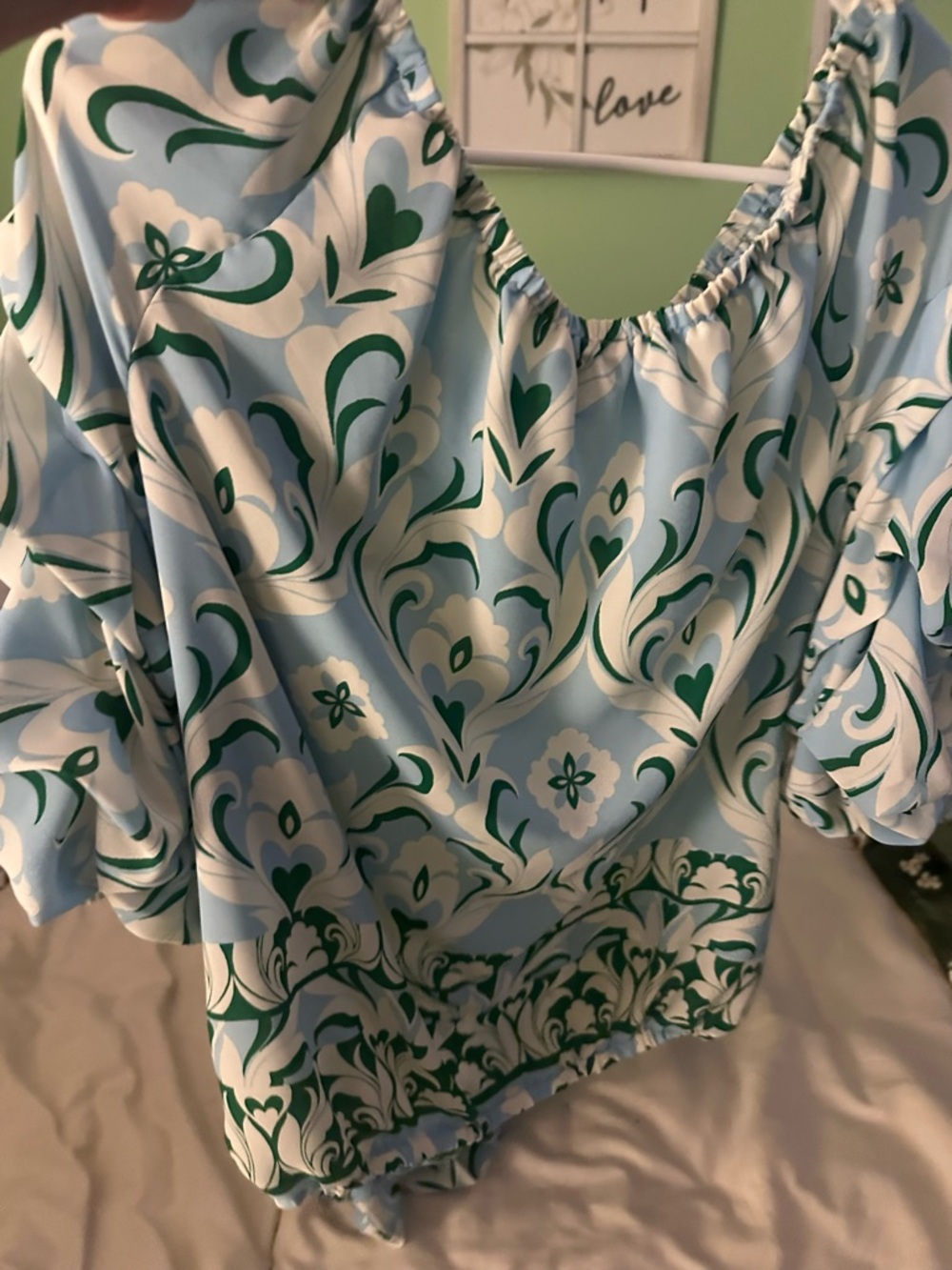 CeCe Light Blue & Green Floral Off-Shoulder Tunic